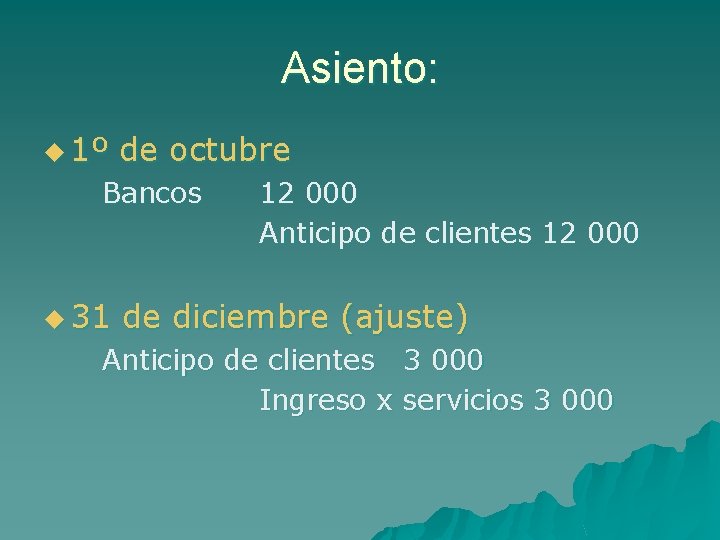 Asiento: u 1º de octubre Bancos u 31 12 000 Anticipo de clientes 12