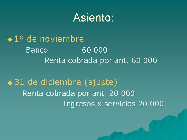 Asiento: u 1º de noviembre Banco 60 000 Renta cobrada por ant. 60 000
