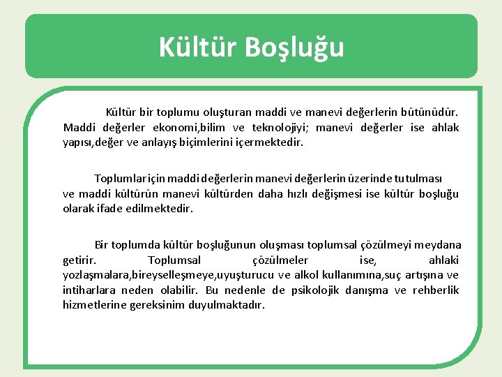 Kültür Boşluğu Kültür bir toplumu oluşturan maddi ve manevi değerlerin bütünüdür. Maddi değerler ekonomi,