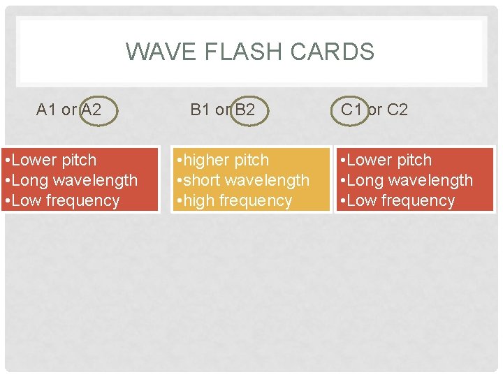 WAVE FLASH CARDS A 1 or A 2 • Lower pitch • Long wavelength