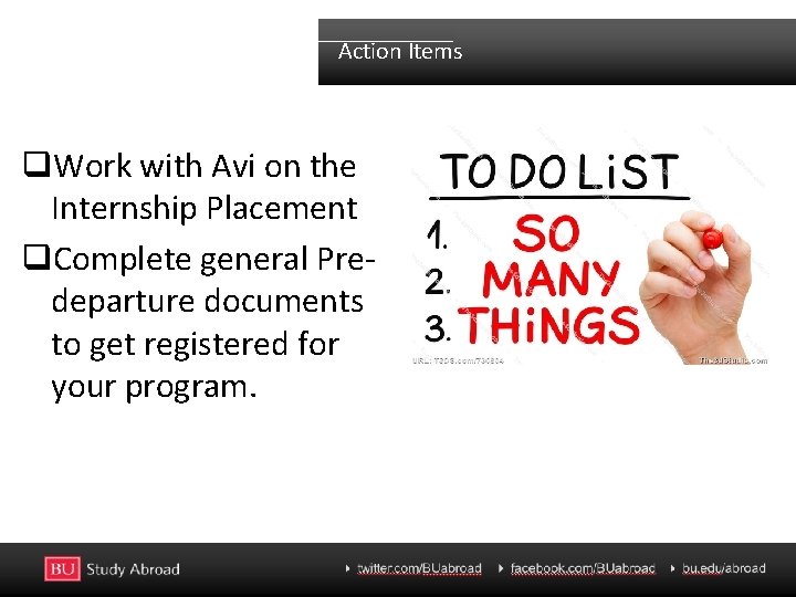 Action Items q. Work with Avi on the Internship Placement q. Complete general Predeparture