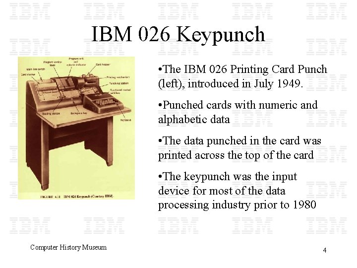 IBM 026 Keypunch • The IBM 026 Printing Card Punch (left), introduced in July