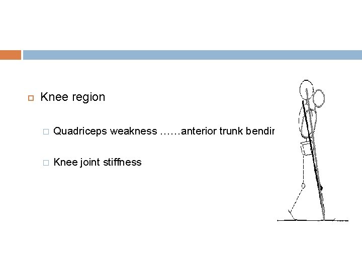 Knee region � Quadriceps weakness ……anterior trunk bending � Knee joint stiffness Knee region � Quadriceps weakness ……anterior trunk bending � Knee joint stiffness