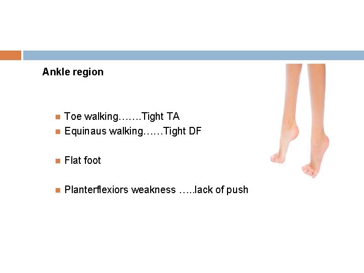 Ankle region Toe walking……. Tight TA Equinaus walking……Tight DF Flat foot Planterflexiors weakness ….