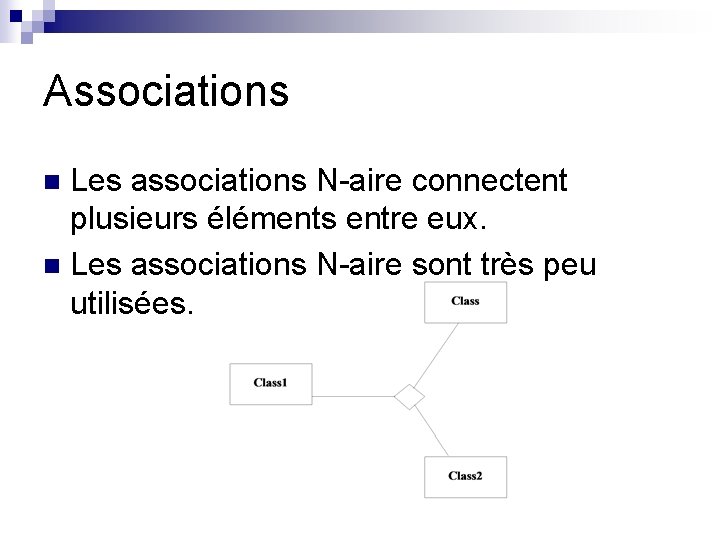 Associations Les associations N-aire connectent plusieurs éléments entre eux. n Les associations N-aire sont