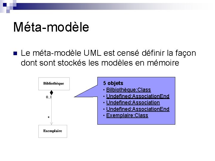 Méta-modèle n Le méta-modèle UML est censé définir la façon dont stockés les modèles