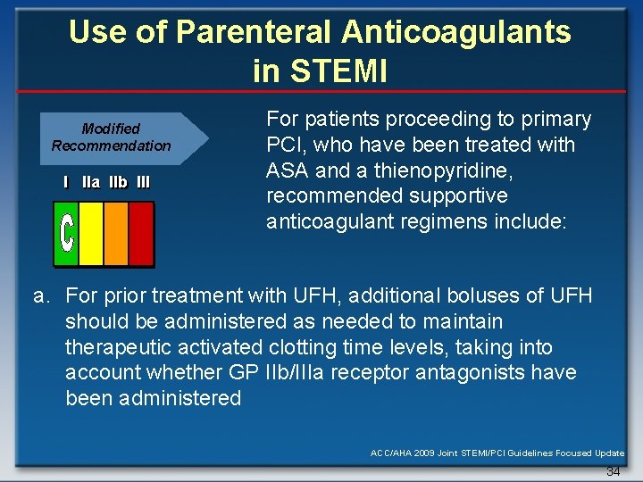 Use of Parenteral Anticoagulants in STEMI Modified Recommendation I IIa IIb III For patients