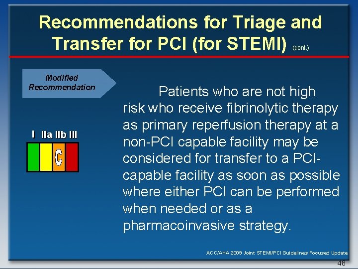 Recommendations for Triage and Transfer for PCI (for STEMI) (cont. ) Modified Recommendation I