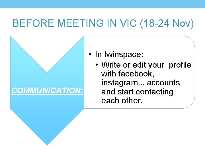 BEFORE MEETING IN VIC (18 -24 Nov) • In twinspace: • Write or edit