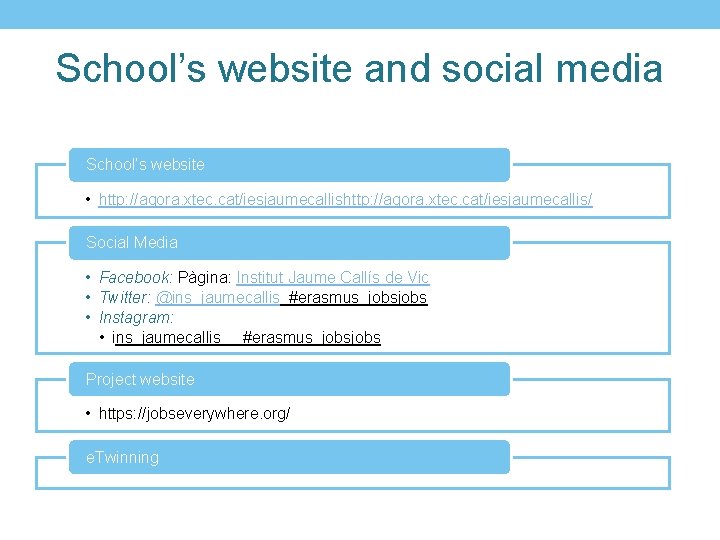 School’s website and social media School’s website • http: //agora. xtec. cat/iesjaumecallis/ Social Media