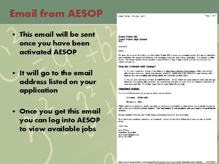 Email from AESOP • This email will be sent once you have been activated