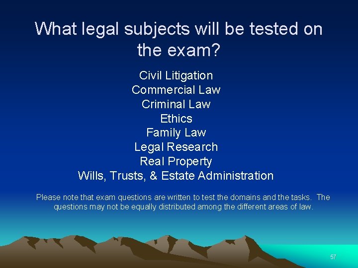 What legal subjects will be tested on the exam? Civil Litigation Commercial Law Criminal