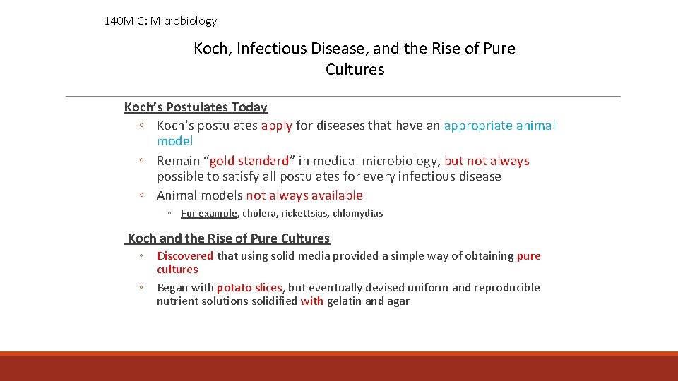 140 MIC: Microbiology Koch, Infectious Disease, and the Rise of Pure Cultures Koch’s Postulates