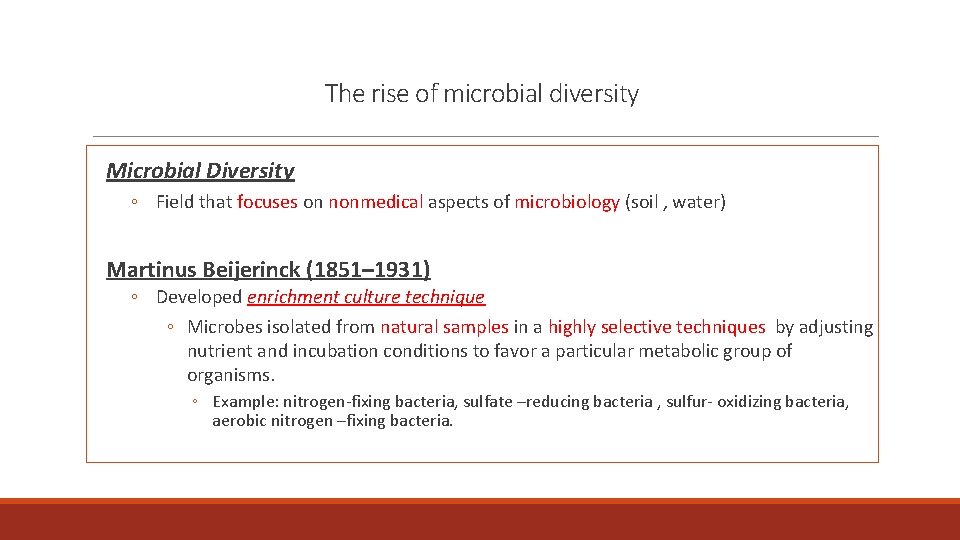 The rise of microbial diversity Microbial Diversity ◦ Field that focuses on nonmedical aspects