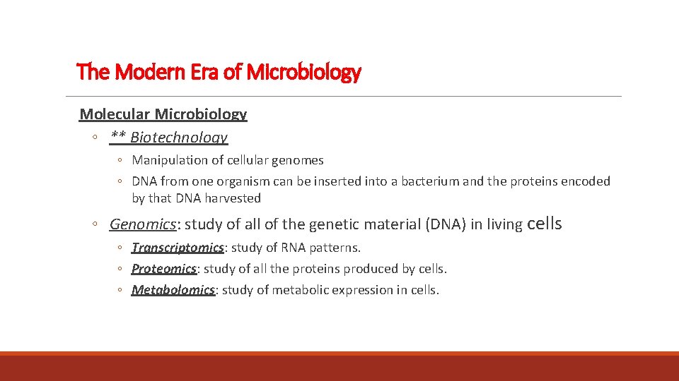 The Modern Era of Microbiology Molecular Microbiology ◦ ** Biotechnology ◦ Manipulation of cellular