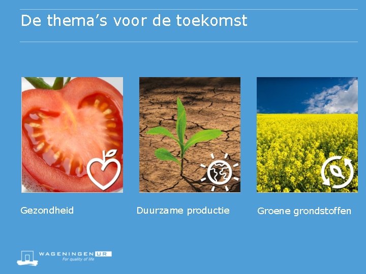 De thema’s voor de toekomst Gezondheid Duurzame productie Groene grondstoffen 