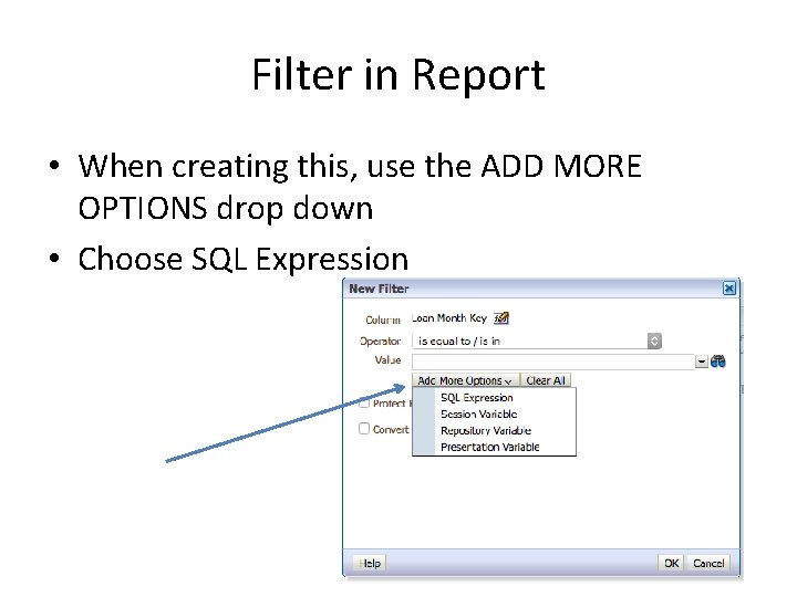 Filter in Report • When creating this, use the ADD MORE OPTIONS drop down