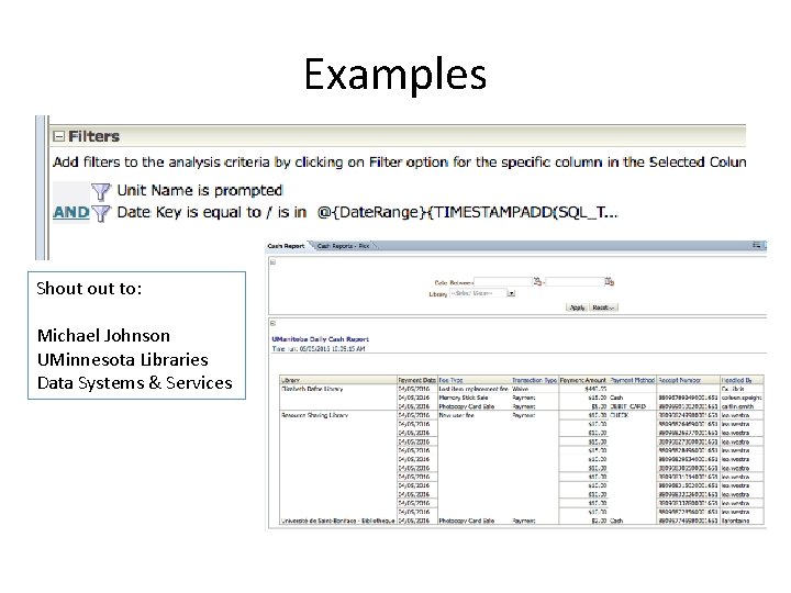 Examples Shout to: Michael Johnson UMinnesota Libraries Data Systems & Services 