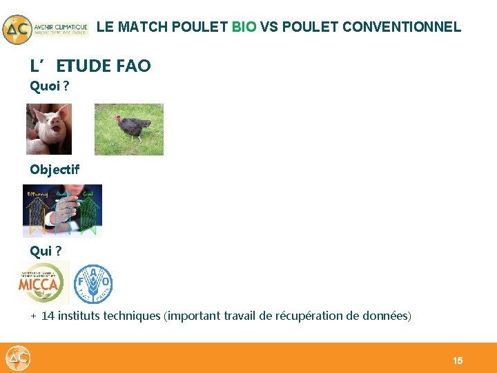 LE MATCH POULET BIO VS POULET CONVENTIONNEL L’ETUDE FAO Quoi ? Objectif Qui ?