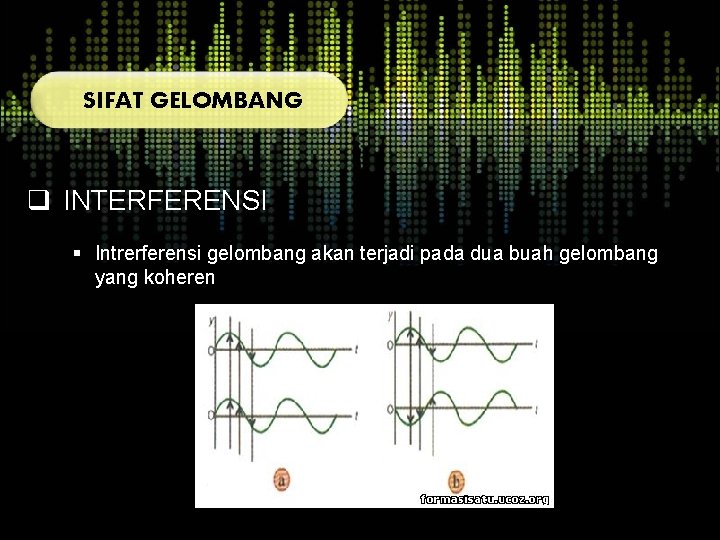 SIFAT GELOMBANG q INTERFERENSI § Intrerferensi gelombang akan terjadi pada dua buah gelombang yang