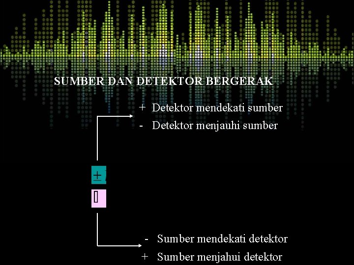 SUMBER DAN DETEKTOR BERGERAK + Detektor mendekati sumber - Detektor menjauhi sumber - Sumber
