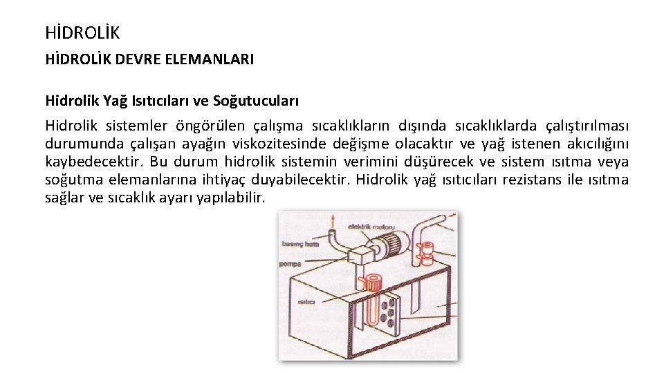 HİDROLİK DEVRE ELEMANLARI Hidrolik Yağ Isıtıcıları ve Soğutucuları Hidrolik sistemler öngörülen çalışma sıcaklıkların dışında