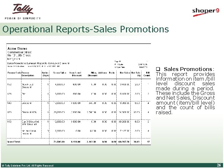 Operational Reports-Sales Promotions q Sales Promotions: This report provides information on item /bill level