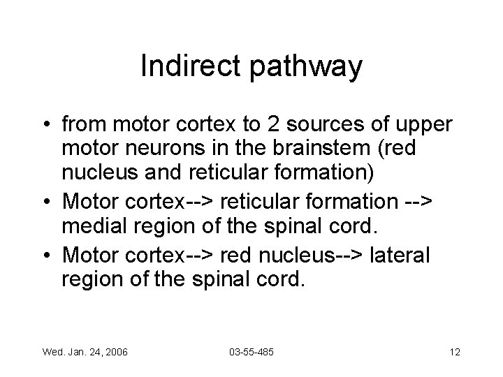 Indirect pathway • from motor cortex to 2 sources of upper motor neurons in