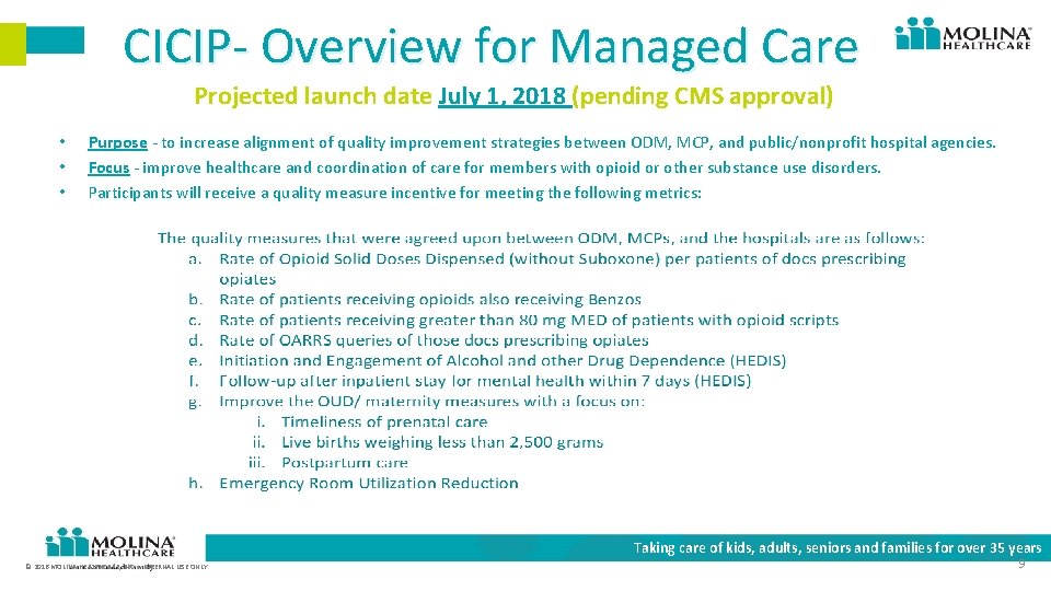 CICIP- Overview for Managed Care Projected launch date July 1, 2018 (pending CMS approval)