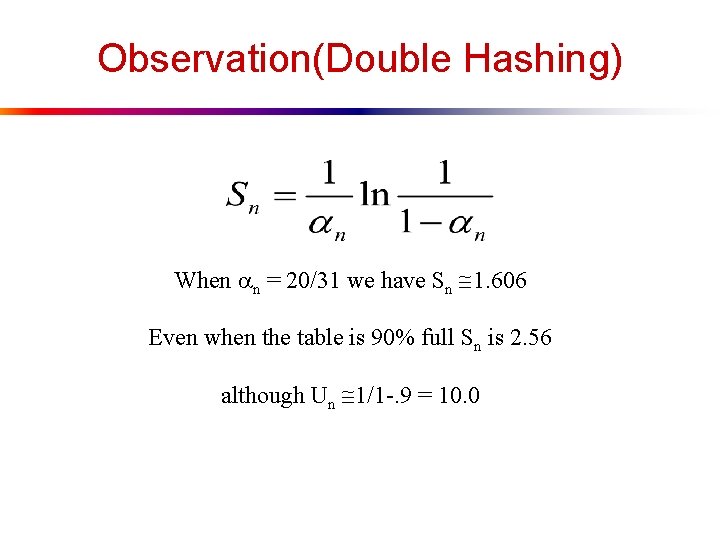 Observation(Double Hashing) When n = 20/31 we have Sn 1. 606 Even when the