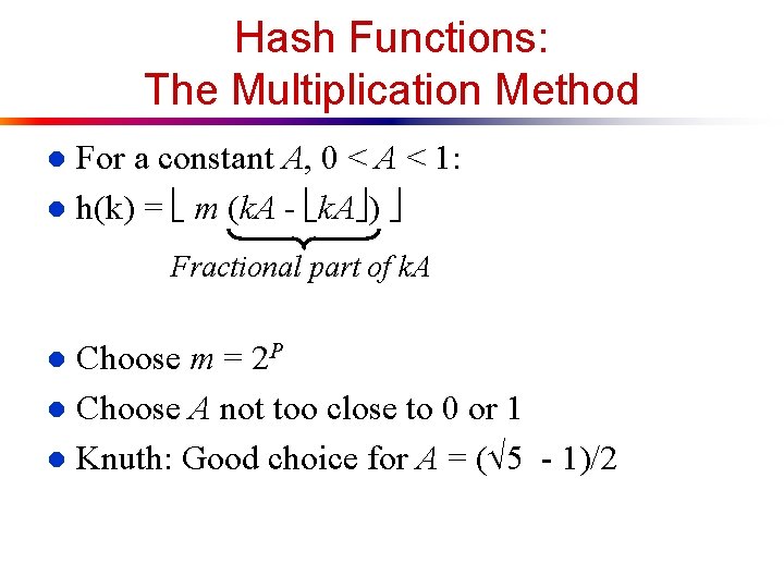 Hash Functions: The Multiplication Method For a constant A, 0 < A < 1: