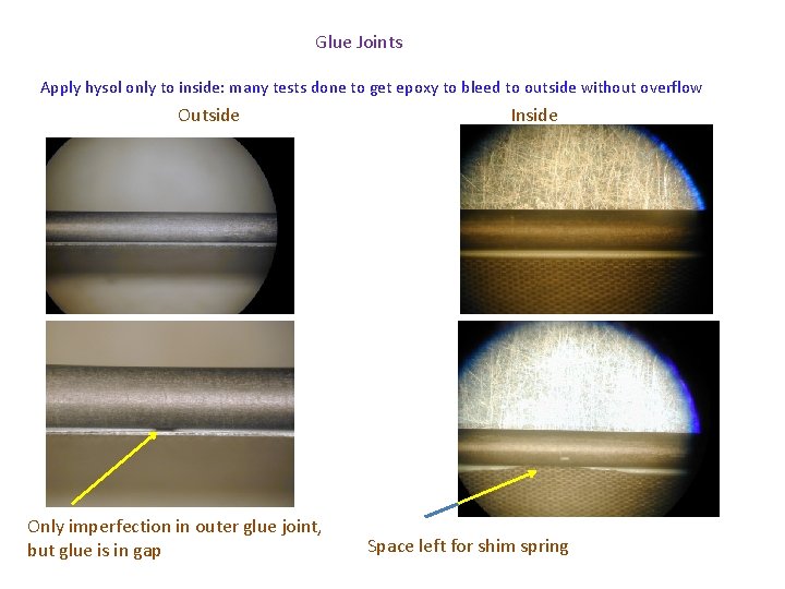 Glue Joints Apply hysol only to inside: many tests done to get epoxy to