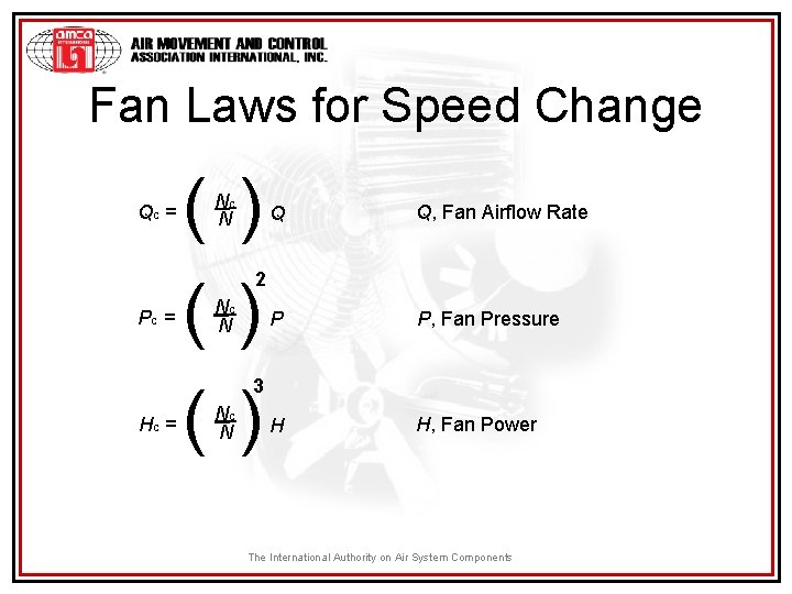 Fan Laws for Speed Change QC = ( ) ( ) NC N Q