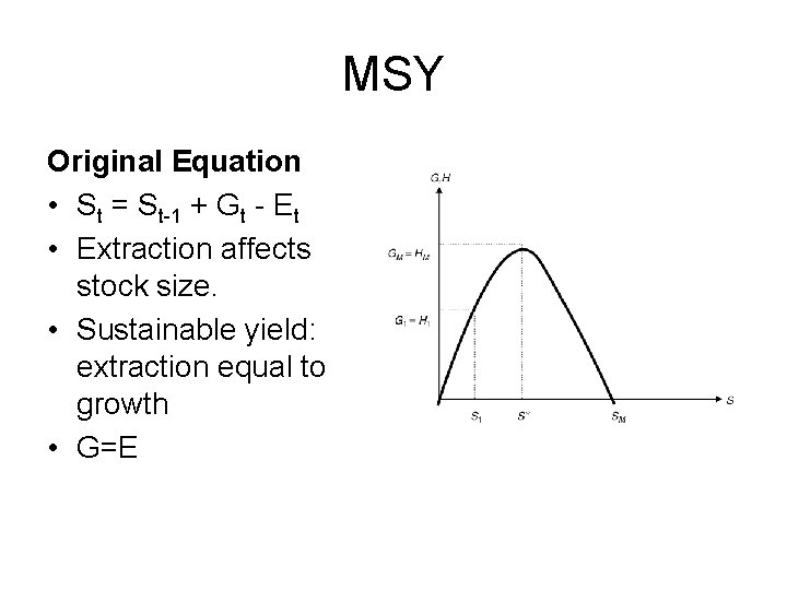 MSY Original Equation • St = St-1 + Gt - Et • Extraction affects