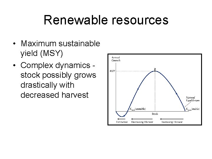 Renewable resources • Maximum sustainable yield (MSY) • Complex dynamics stock possibly grows drastically