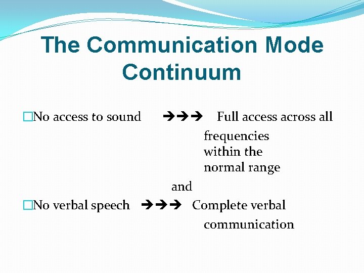 The Communication Mode Continuum �No access to sound Full access across all frequencies within