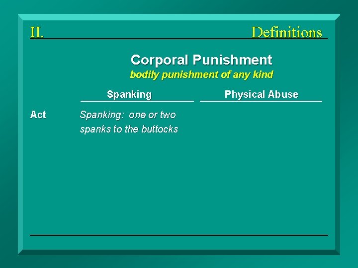 II. Definitions Corporal Punishment bodily punishment of any kind Spanking Act Physical Abuse Spanking: