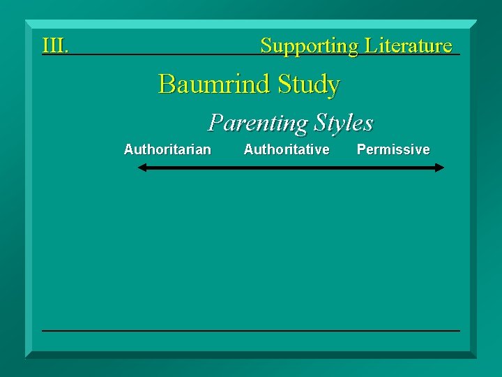 III. Supporting Literature Baumrind Study Parenting Styles Authoritarian Authoritative Permissive Disciplinary Spanking 