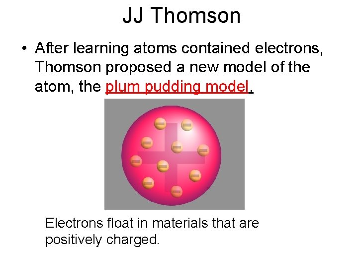 JJ Thomson • After learning atoms contained electrons, Thomson proposed a new model of