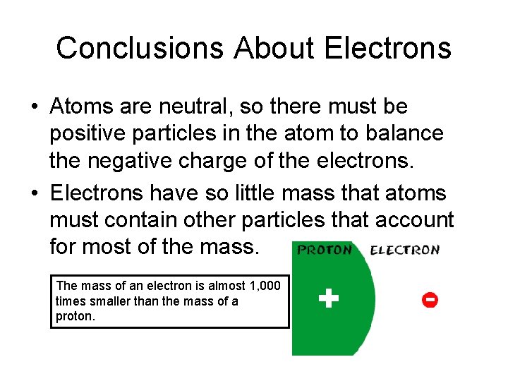 Conclusions About Electrons • Atoms are neutral, so there must be positive particles in