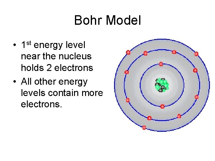 Bohr Model • 1 st energy level near the nucleus holds 2 electrons • Bohr Model • 1 st energy level near the nucleus holds 2 electrons •
