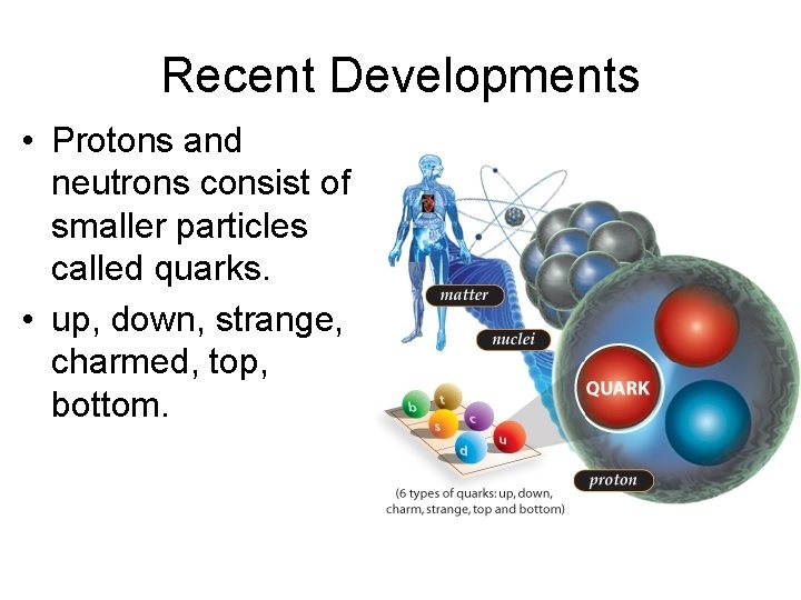 Recent Developments • Protons and neutrons consist of smaller particles called quarks. • up,