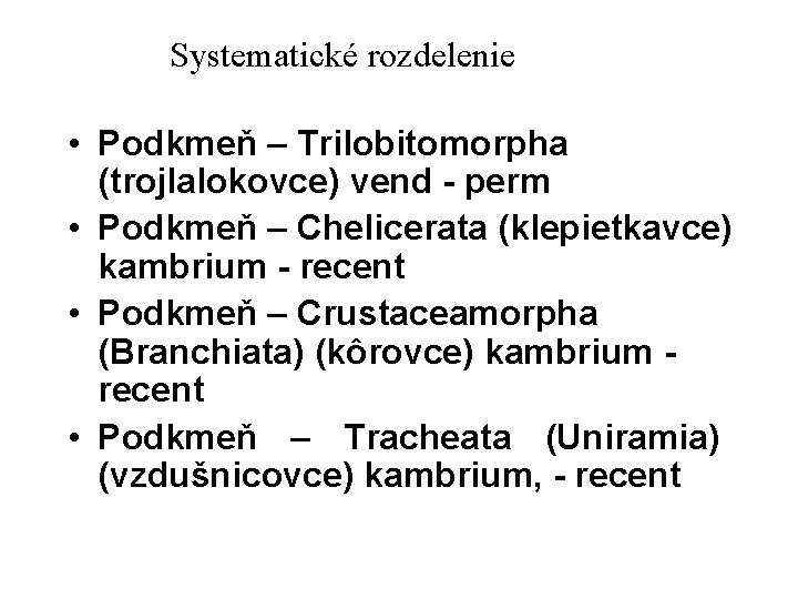 Systematické rozdelenie • Podkmeň – Trilobitomorpha (trojlalokovce) vend - perm • Podkmeň – Chelicerata