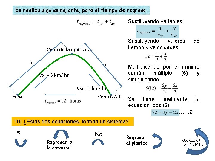 Se realiza algo semejante, para el tiempo de regreso Sustituyendo variables Sustituyendo valores tiempo