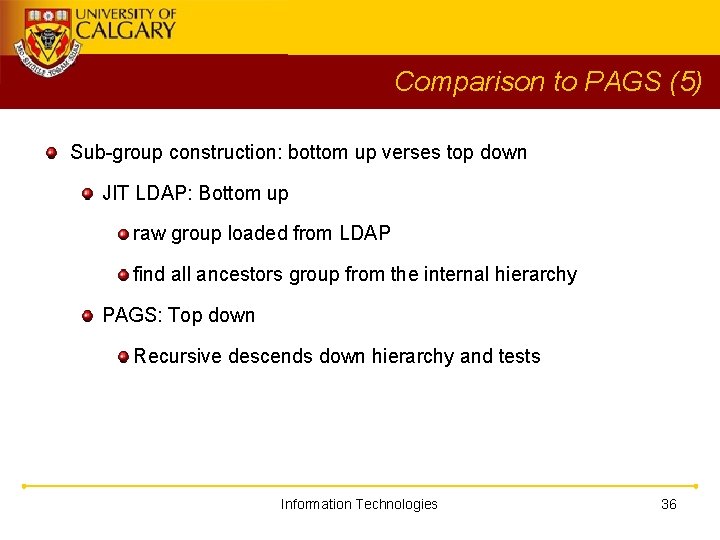 Comparison to PAGS (5) Sub-group construction: bottom up verses top down JIT LDAP: Bottom