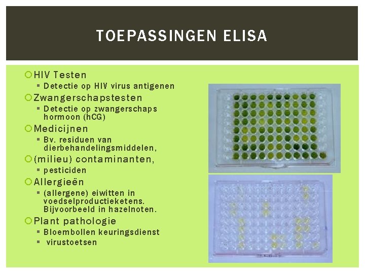 TOEPASSINGEN ELISA HIV Testen § Detectie op HIV virus antigenen Zwangerschapstesten § Detectie op