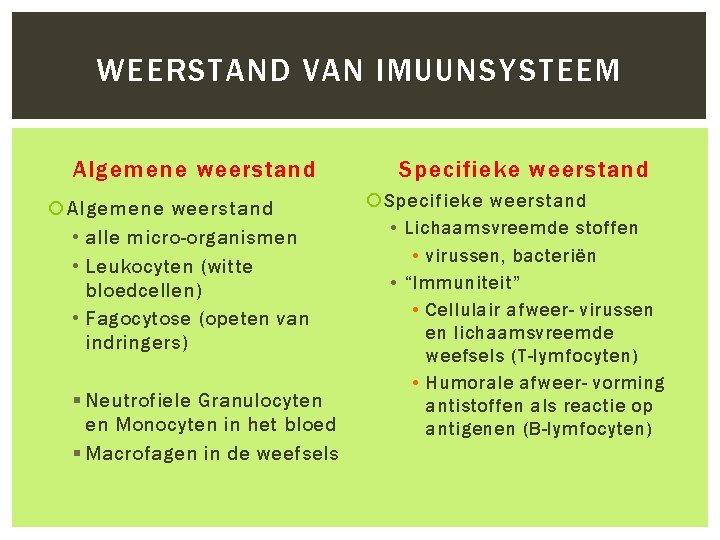 WEERSTAND VAN IMUUNSYSTEEM Algemene weerstand • alle micro-organismen • Leukocyten (witte bloedcellen) • Fagocytose