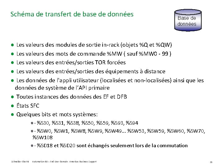 Schéma de transfert de base de données Base de données ● Les valeurs des