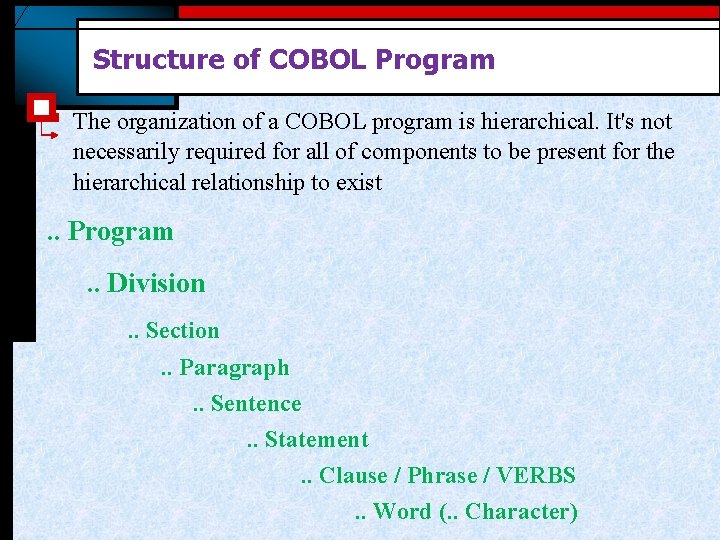 Structure of COBOL Program § The organization of a COBOL program is hierarchical. It's