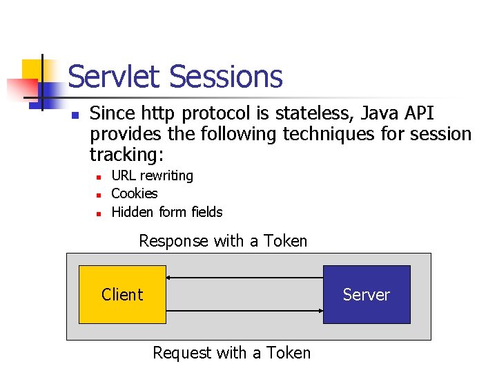 Servlet Sessions n Since http protocol is stateless, Java API provides the following techniques Servlet Sessions n Since http protocol is stateless, Java API provides the following techniques